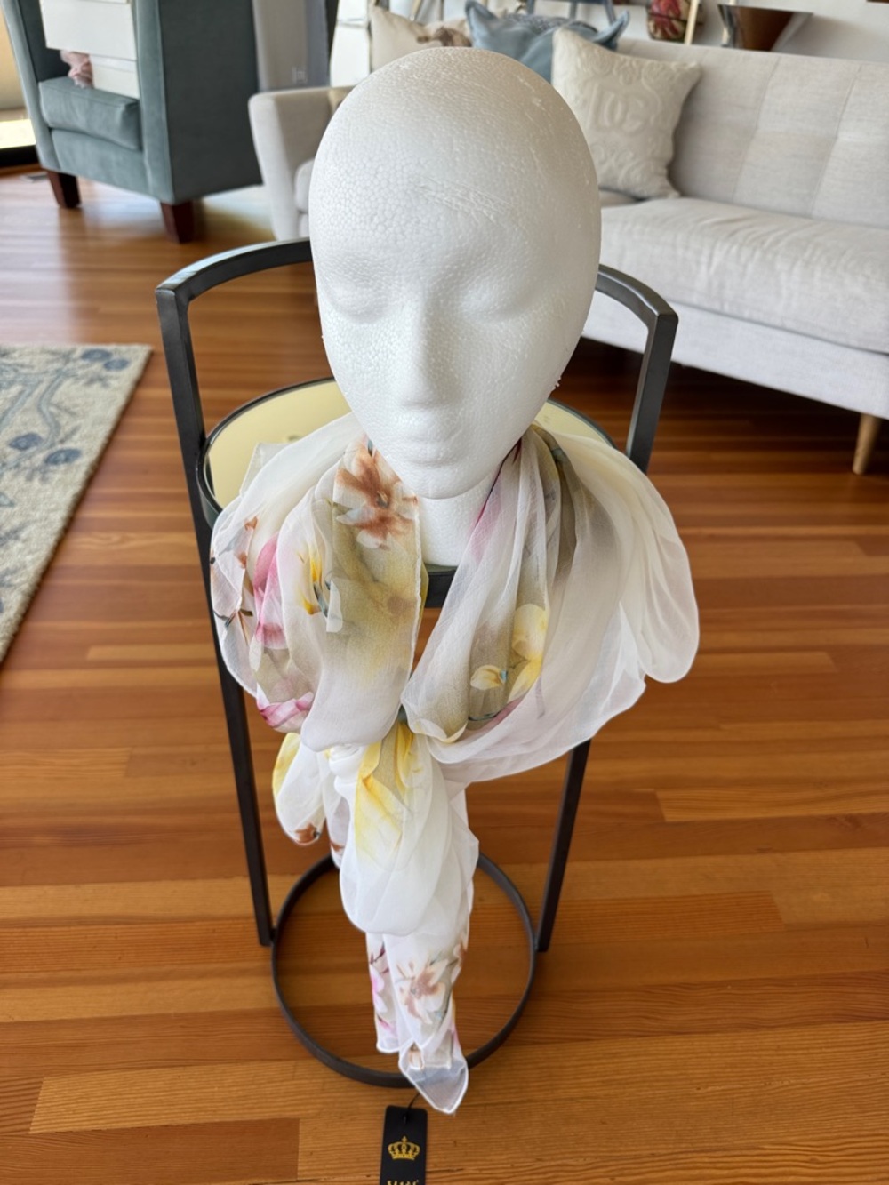Sheer Floral Scarf Pareo in White with Pastel Blooms
